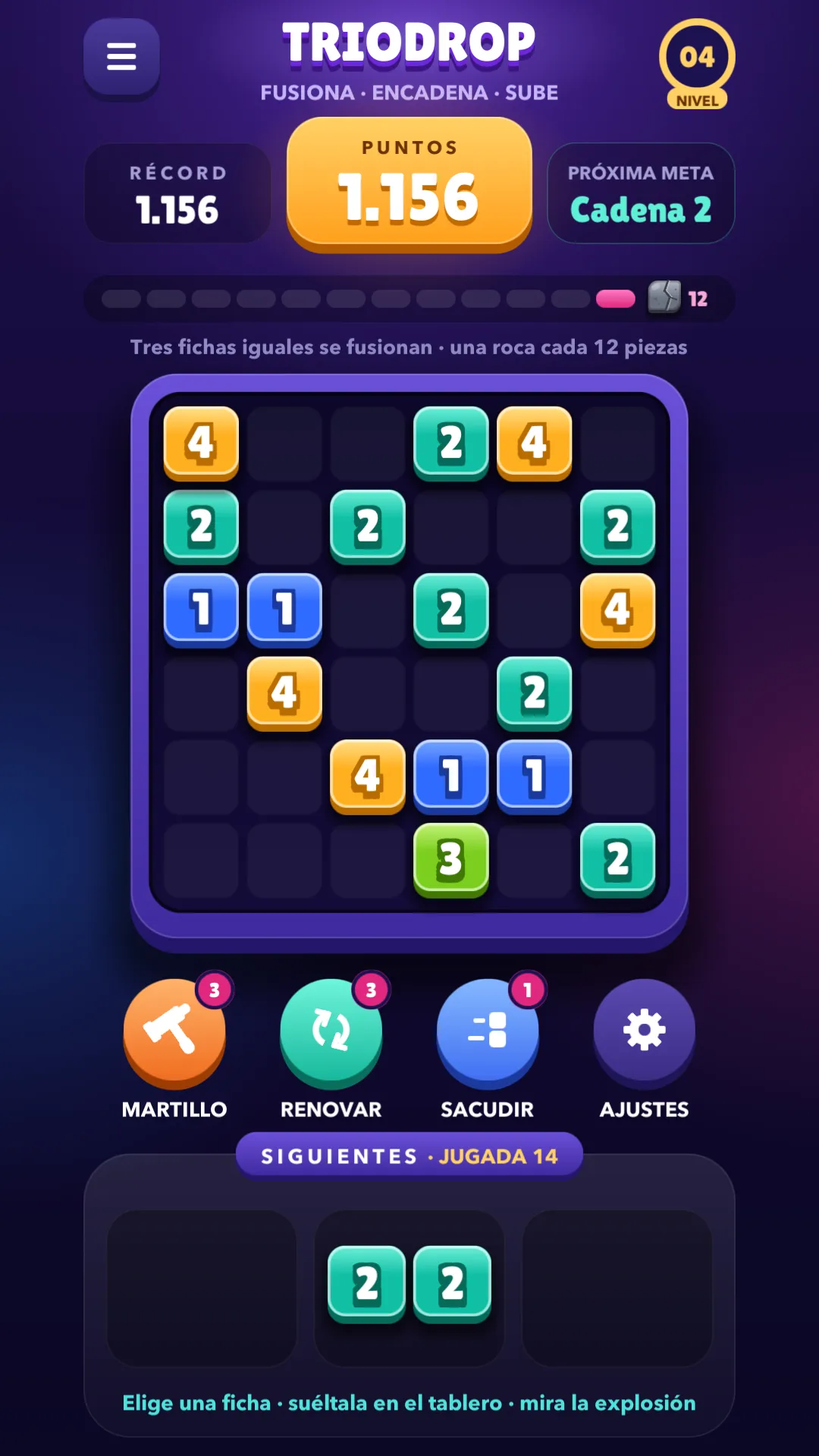 Tablero de TrioDrop en mitad de una partida
