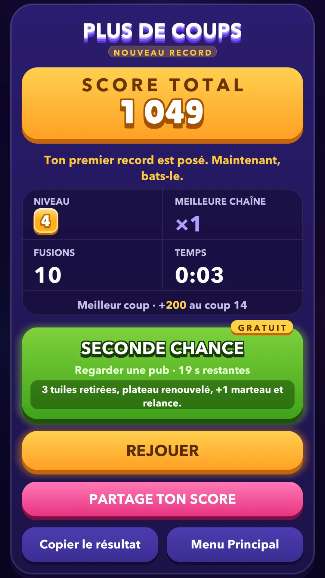 Écran des résultats en fin de partie