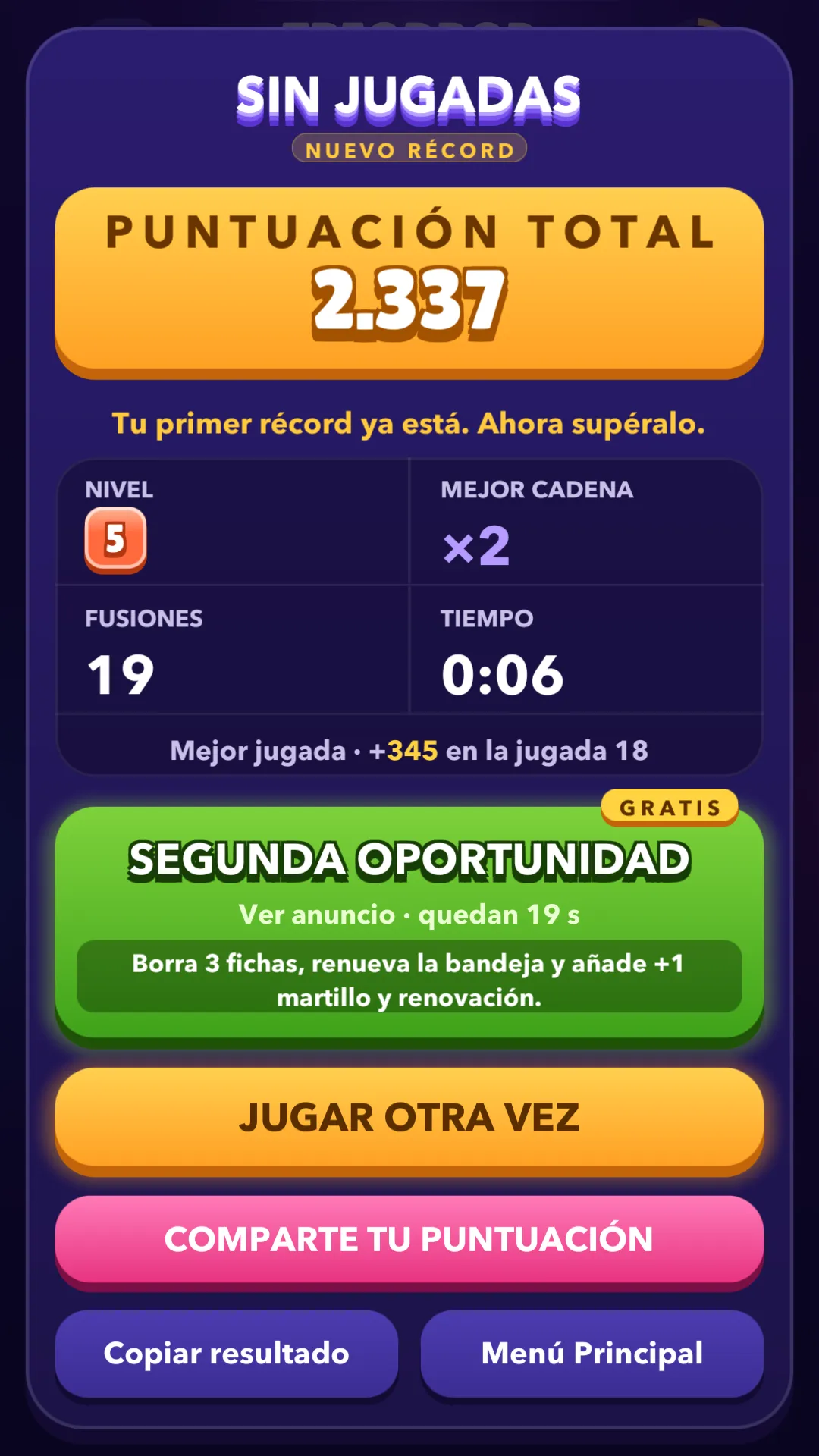 Pantalla de resultados al final de la partida