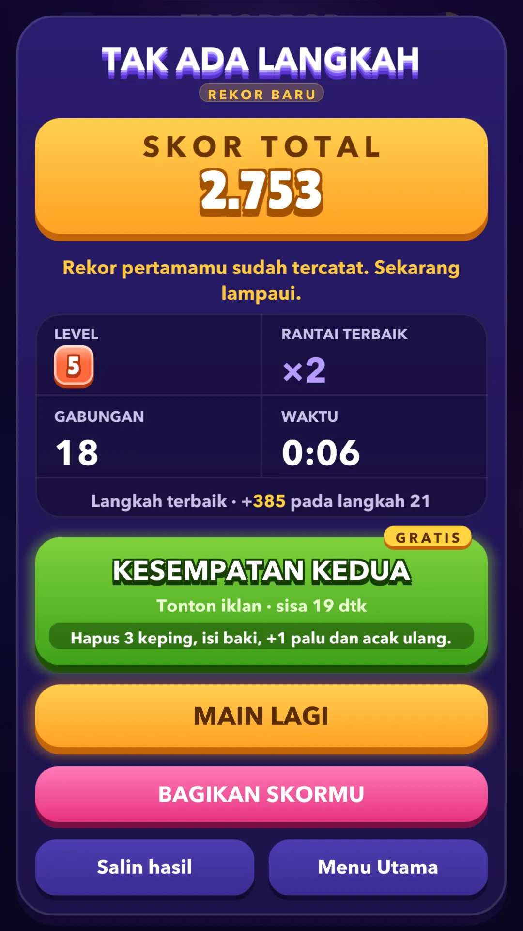 Layar hasil di akhir ronde