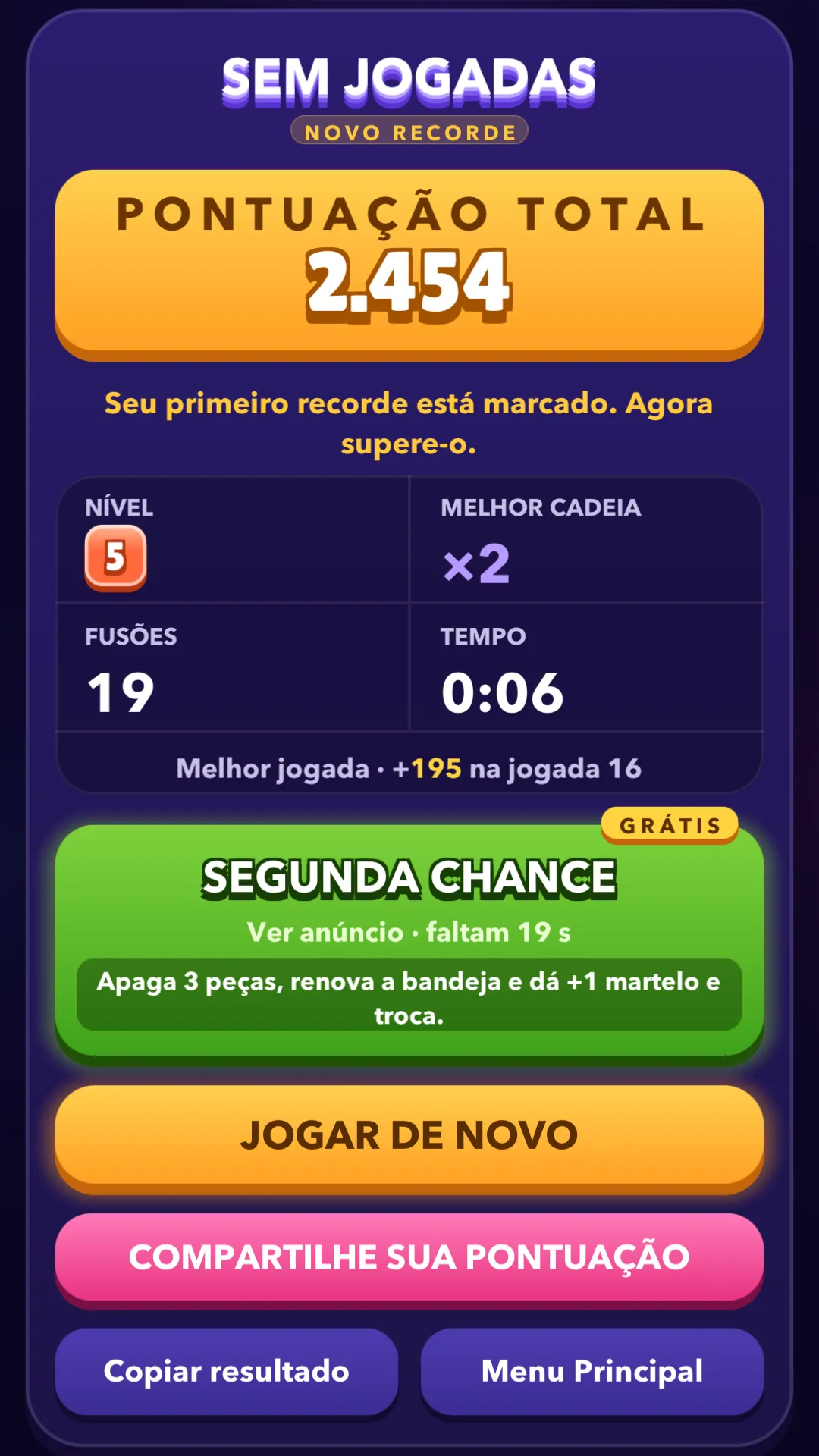 Tela de resultados no fim da partida