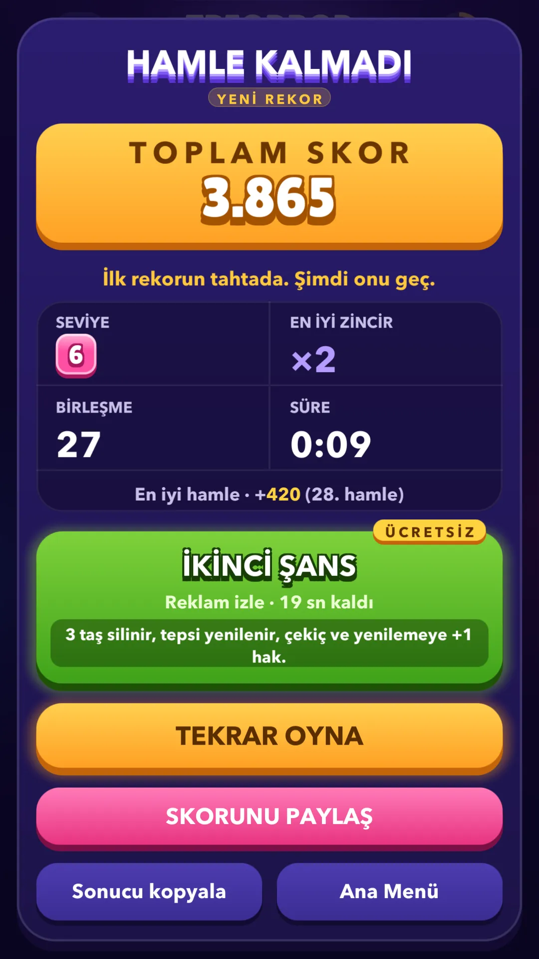 Tur sonu sonuç ekranı